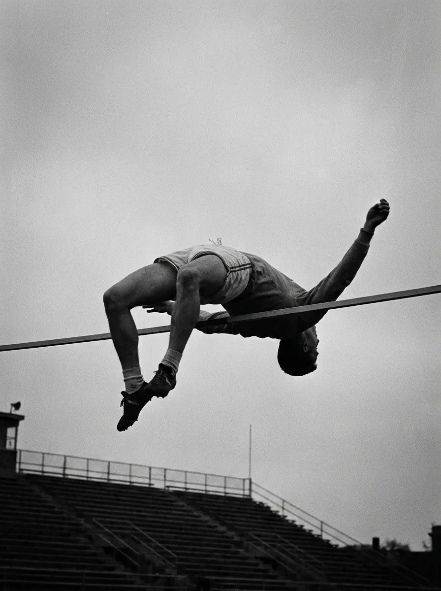 A high jumper clearing the bar back-first — the Fosbury flop.